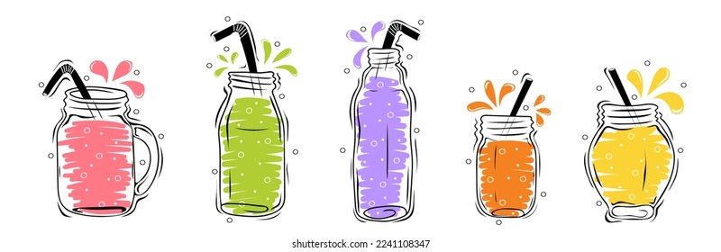 Set of non alcoholic drinks in glass bottles and jars. Healthy food or Detox concept.  Hand drawn vector elements of smoothies, lemonade, fresh, juice, detox and fruits in sketch style