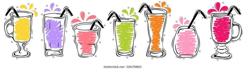 Set of non alcoholic drinks in glass. Healthy food or Detox concept.  Hand drawn vector elements of smoothies, lemonade, fresh, juice, detox and fruits in sketch style