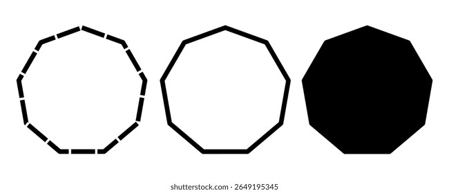 Set of nonagon vector shapes including dashed outline, solid stroke, and filled version or silhouette. Ideal for geometry visuals, abstract elements, and infographic design. isolated white background