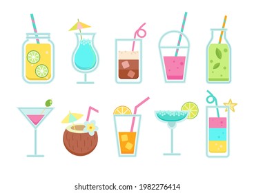 Conjunto de bebidas no alcohólicas y alcohólicas en un estilo sencillo y plano. Lemonade de verano y soda, café, smoothie, jugo, batido, desintoxicación y así .Vector ilustración para web, diseño, impresión aislada en blanco.