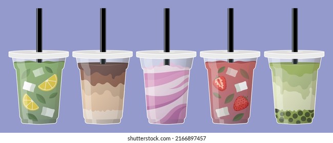 Set alkoholfreie kalte Sommergetränke zu Go-Kassen. Mojito, Limonade, Eiskaffee, Eismatcha, Milchshake. Eisgetränke für Menüstil, heller, isolierter Stil