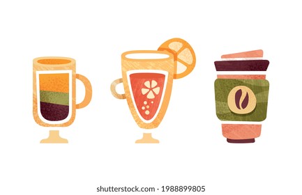 Set of Non-Alcoholic Drinks, Coffee, Lemonade, Cocktail Cartoon Vector Illustration