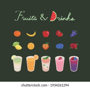 Set of non-alcoholic drinks. Lemonade and soda, strawberry milk and Peach Mojito, orange juice, fresh cranberry and blueberry drink. Set of freash fruits.
