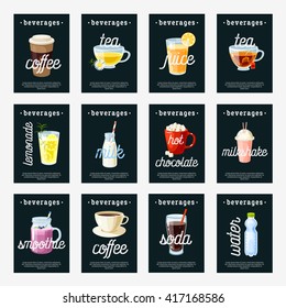 Set of non-alcoholic drinks tags - tea, herbal tea, hot chocolate, latte, coffee, juice, smoothie, soda, milkshake, lemonade, water. Design template labels. Vector illustration, isolated on white.