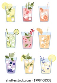 Conjunto de bebidas de verano no alcohólicas. Lemonade y refrescos, fresas y frambuesas. Ilustración vectorial colorida en estilo plano.