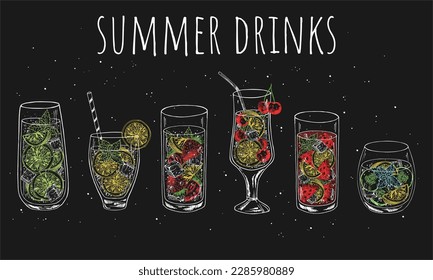 Set of non-alcoholic summer drinks. Lemonade, mojito, strawberry, cherry and watermelon lemonades, detox drink. Colorful vector illustration in sketch style.