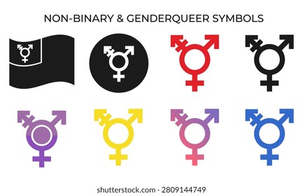 Set of nonbinary and genderqueer symbols, gender identity icons featuring combined male, female, and genderneutral signs in various colors and styles, vector illustration