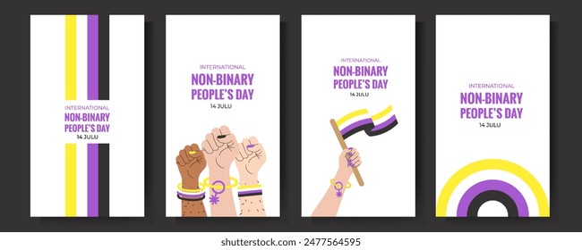 Set of Non-Binary People's Day banner, card, poster template with pride flag. Vector illustration