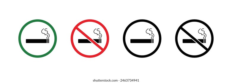 Conjunto de iconos de no fumadores. Para, no hay señales de fumar. Ilustración vectorial.