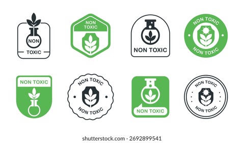 Conjunto de etiquetas no tóxicas con plantas y símbolos de laboratorio en verde y negro.