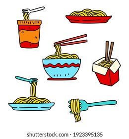 Set of noodle cartoon illustration in cute hand drawn style isolated on white background