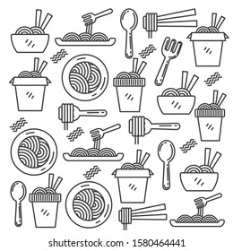 Set of noodle doodle vector illustration. Noodle background 