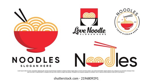 Set of Noodle logo design illustration for ramen icon with bowl and creative concept Premium Vector