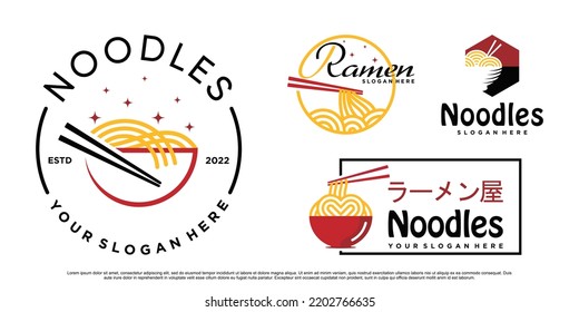 Set of noodle and ramen icon logo design bundle with bowl and chopstick Premium Vector
