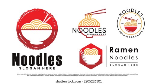 Set of noodle and ramen icon logo design bundle with bowl and chopstick Premium Vector