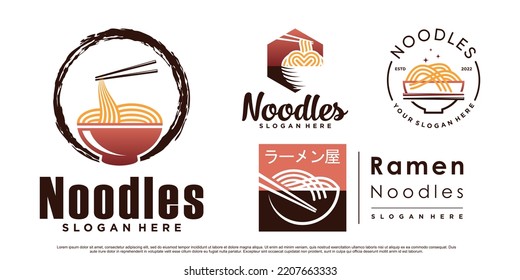 Conjunto de diseños de iconos de fideos y ramen con recipiente y chopstick Premium Vector