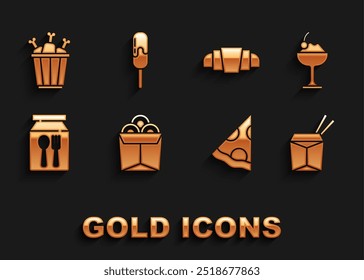 Set Noodles in box, Ice cream bowl, Asian noodles and chopsticks, Slice of pizza, Online ordering delivery, Croissant, Chicken leg package and  icon. Vector