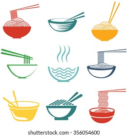 Set of noodles or spaghetti in different dishes. Colored on white. Vector. Noodle logo. Noodle image. Noodle set. Noodle shape