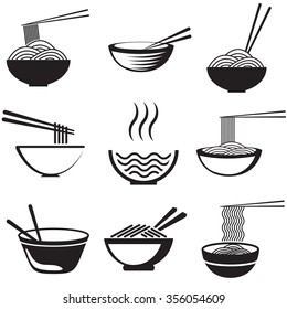 Set of noodles or spaghetti in different dishes. Black on white. Vector. Noodle logo. Noodle image. Noodle set. Noodle shape