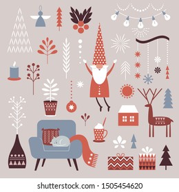 Set of Nordic Christmas graphic elements, cozy cute decorative illustrations