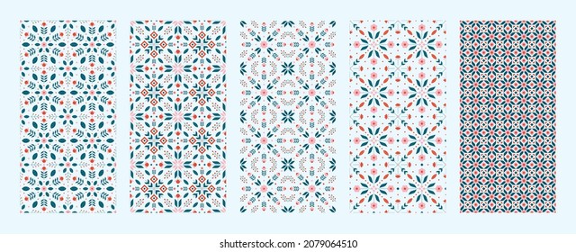 Set of nordic floral seamless pattern with geometric flower elements