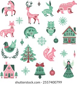 A set of Nordic Scandinavian elements with floral ornaments, animals, houses, decorations and snowflakes