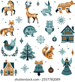 A set of Nordic Scandinavian elements with floral ornaments, animals, houses, decorations, and snowflakes