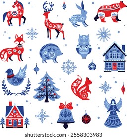 A set of Nordic Scandinavian elements with floral ornaments, animals, houses, decorations, and snowflakes