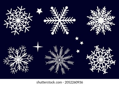 Set of nordic snowflakes on blue background. Flat style winter snowflakes vector illustration. White snowflake winter set.