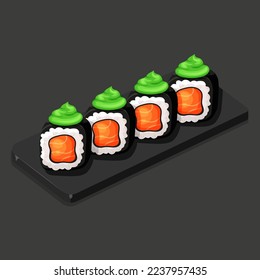 Set of nori sushi rolls with salmon and wasabi sauce on the stone plate. Asian food cartoon