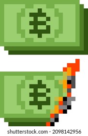 Set Of Normal And Burning Pixel Bitcoin Money - Vector, Isolated