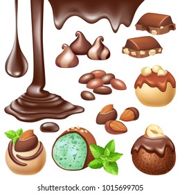 Set of normal and melted chocolate with nuts. Isolated 3d vector illustration.