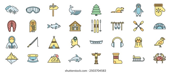 Set of north, alaska and arctic colorful icons showing local culture, wildlife and nature