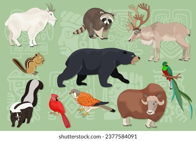 Reihe von nordamerikanischen Tieren. Kollektion von Schneeschoren, Karibu, Raccoon, Chipmunk, Skunk, Moschusocken, Schwarzbär, Quetzal, Kestrel. Konzept der wilden Kreatur von Kanada und USA Wald. Vektorgrafik