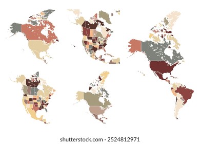 Conjunto de mapas continentales de América del Norte. Mapa de América del Norte con Estados Unidos, Canadá y México.