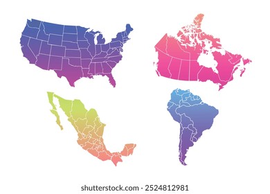 Conjunto de mapas continentales de América del Norte. América del Norte con países.