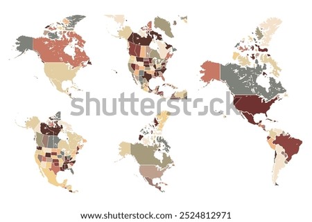 Set of North America Continent Maps.North America map with USA, Canada and Mexico.