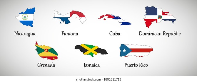 Set of North America country maps with flags isolated on gray background, vector illustration