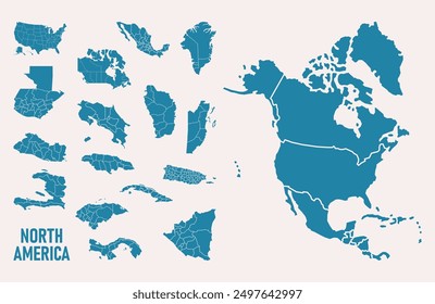 Set North America isolated map on white background. High detailed, with board. USA, Canada, Mexico, Cuba, Guatemala, Haiti, Dominican Republic, Honduras, Nicaragua.