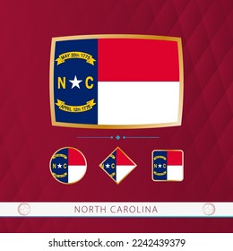 Set of North Carolina flags with gold frame for use at sporting events on a burgundy abstract background. Vector collection of flags.