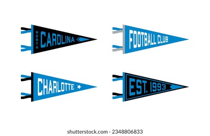 Set of North Carolina football team pennants. Vintage hand drawn wanderlust style. Isolated on white background. Good for t shirt, mug, other identity. Vector illustration.