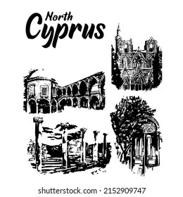 Set of North Cyprus hand drawn art illustrations 