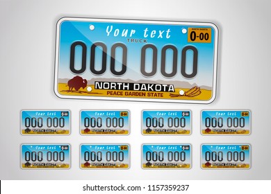 Set North Dakota auto license plate. Detailed object. Flat vector illustration