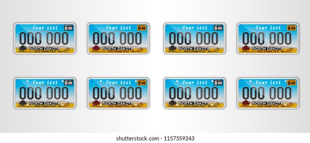 Set North Dakota auto license plate. Detailed object. Flat vector illustration