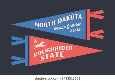 Set of North Dakota pennants. Vintage retro graphic flag, pennant, star, sign, symbols of USA. Roughrider State.