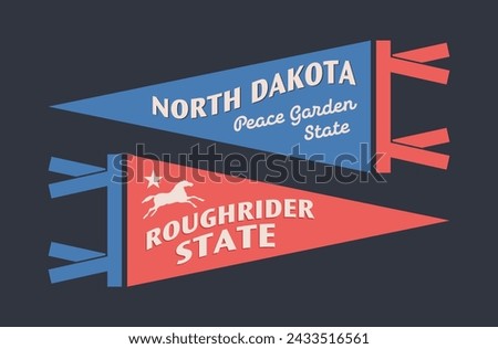 Set of North Dakota pennants. Vintage retro graphic flag, pennant, star, sign, symbols of USA. Roughrider State.