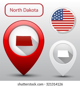 Set of North Dakota state with flag america and map pointer