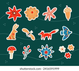 Set of north forest animals and flowers stickers. Vector illustration set. 