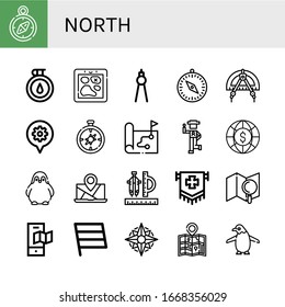 Conjunto de iconos del norte. Como brújula, mapa, país, mundo, pingüino, bandera , iconos del norte