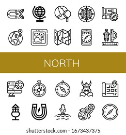 Set of north icons. Such as Magnet, World, World globe, Map, Compass, Mai thai, Penguin, Viking , north icons